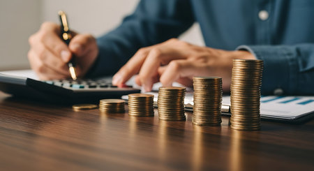 Person calculating finances with stacks of gold coins and financial chart money calculationの素材