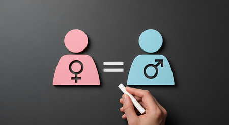 Pink female and blue male symbols with equal sign and chalk gender equality male female symbolsの素材