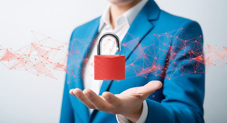 Red padlock held in hand with digital network overlay security technologyの素材