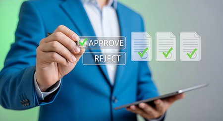 Man in blue suit interacting with digital approve reject buttons and documents technologyの素材