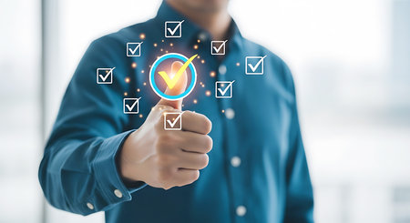 Man giving thumbs up with glowing checkmarks and digital interface approval successの素材