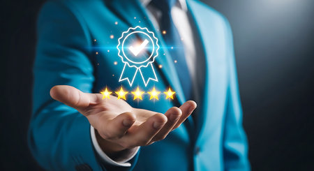 Hand holding five yellow stars and quality award icon badge blue suitの素材