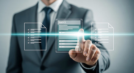 A man in a dark suit touches a glowing digital interface displaying documents with lines of text and checkboxes.の素材