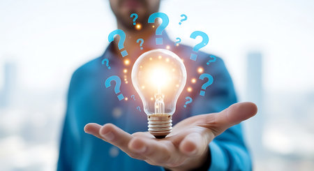 A man's hand holds a glowing light bulb surrounded by floating blue question marks and small orange sparks against a blurred background.の素材