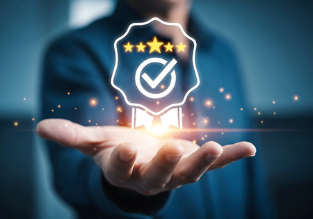 A hand holds a glowing white badge with five yellow stars and a checkmark against a dark blue background with bokeh lights.の素材