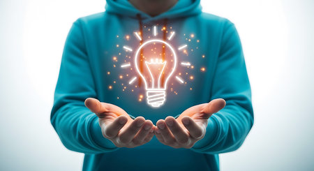 A person in a teal hoodie holds out their hands with a glowing white light bulb above them, surrounded by orange sparks and light rays against a white background.の素材