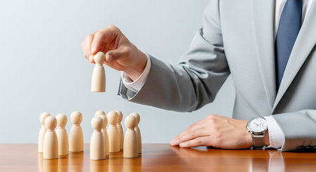 A man in a gray suit and blue tie selects a single wooden peg doll from a group of figures on a wooden desk.の素材