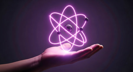 A hand holds a glowing neon atom model with orbiting electrons against a dark purple background.の素材