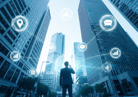 Man in dark suit talking on phone amidst tall blue glass buildings with glowing white digital network icons and lines connecting them.の素材