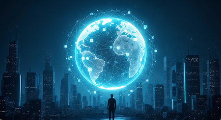 A lone silhouette stands before a glowing blue digital Earth hologram suspended above a dark, futuristic city skyline with illuminated skyscrapers.の素材