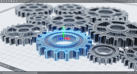 A blue wireframe gear with a 3D axis is centered on a grid, surrounded by gray gears.の素材