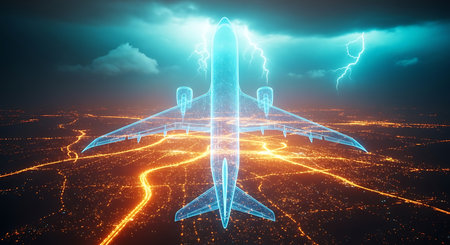 A blue neon wireframe airplane hovers above a dark city illuminated by glowing orange lights and streaks of lightning.の素材