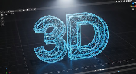 Glowing blue wireframe 3D text floats on a dark digital grid with interface elements.の素材