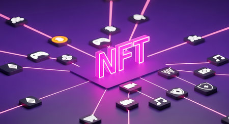 Glowing pink NFT text sits centrally on a purple surface, connected by pink lines to various dark square icons depicting digital symbols.の素材