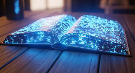 An open book displays glowing blue digital circuit patterns on a wooden table surface.の素材