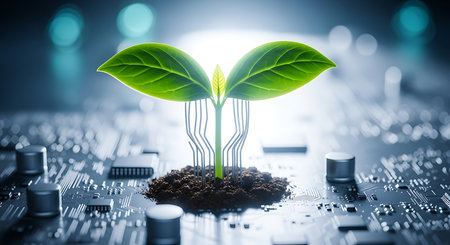 A vibrant green sprout emerges from dark soil on a detailed circuit board. Thin wires connect the plant's stem to the electronic components.の素材