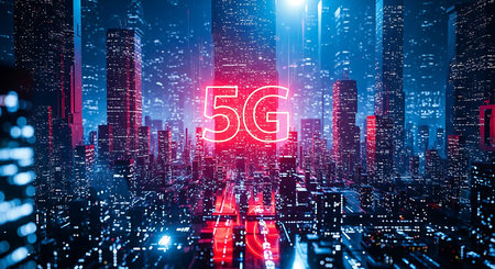 A neon red 5G symbol glows brightly over a dark, futuristic cityscape filled with illuminated skyscrapers and blue and red lights.の素材