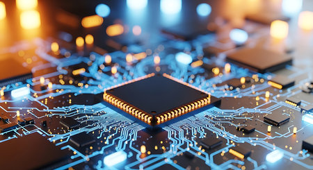 A close-up view of a black square computer processor chip with orange pins on a dark circuit board with glowing blue lines and orange and blue bokeh lights.の素材