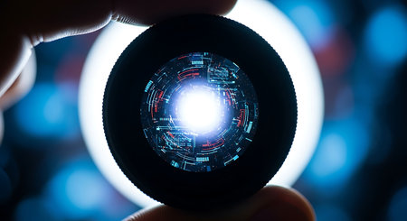 A hand holds a camera lens revealing a glowing blue and red digital circuit pattern within its glass.の素材