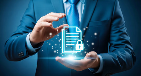 A man in a blue suit and tie holds a glowing neon outline of a document with a lock icon between his hands against a dark blue background with light particles.の素材