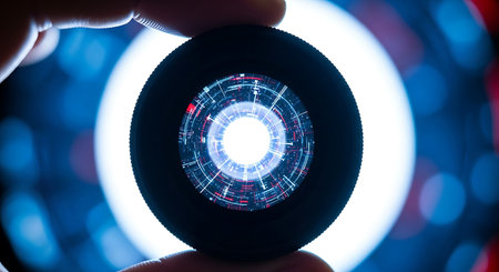 A hand holds a black camera lens revealing a bright white center with glowing blue and red digital circuit lines radiating outwards.の素材