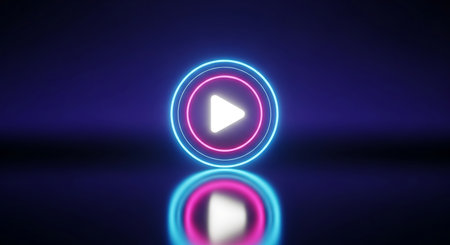 A white triangle play icon is centered within concentric neon rings of blue and pink on a dark blue gradient background.の素材