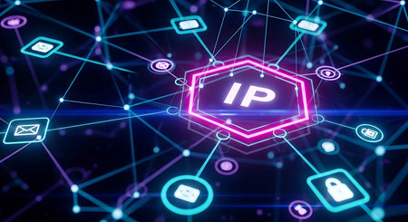 A dark background with glowing blue and purple lines connecting nodes, forming a network. A central hexagon displays "IP" in white, surrounded by smaller icons of email and a lock.の素材