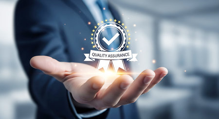 A man in a dark suit holds a glowing quality assurance badge with a check mark and stars above his open palm.の素材