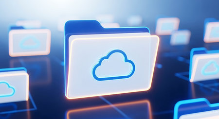 Glowing digital folders with cloud icons are arranged in a network on a dark blue surface, illuminated by blue and orange light.の素材