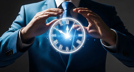 A man in a blue suit and tie holds a glowing clock face with Roman numerals and bright light emanating from its center.の素材
