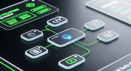 A digital interface displays an AI agent icon connected by glowing green lines to various technology icons on a dark textured surface.の素材