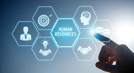 A hand touches a glowing blue digital interface displaying hexagonal icons for human resources concepts like teamwork communication and goals.の素材