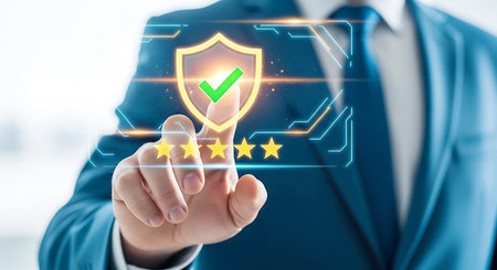 A person in a blue suit touches a glowing digital interface displaying a shield with a green checkmark and four yellow stars.の素材