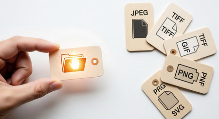 A hand holds a wooden tag with a glowing folder icon. Other wooden tags with file format names surround it.の素材
