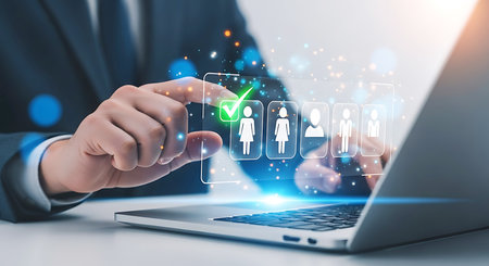 A hand in a suit selects a green checkmark over a person icon on a glowing digital interface with bokeh lights.の素材