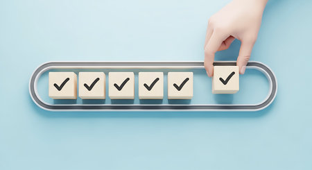 A hand places a wooden cube with a black checkmark onto a conveyor belt with other cubes already marked.の素材