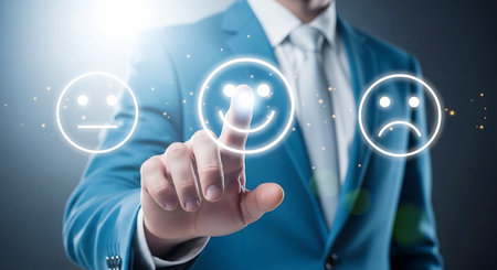 A man in a blue suit and white tie touches a glowing happy face icon on a dark digital interface with bokeh lights.の素材