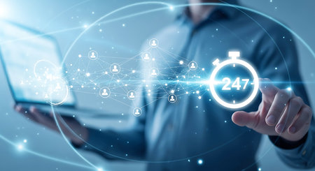A person's hand touches a glowing stopwatch icon with 247. Blue network lines and user icons connect around a laptop.の素材