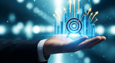 A hand in a suit holds a glowing target with an arrow. Blue bars rise behind it, with yellow arrows pointing upward.の素材