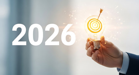 A hand in a dark blue suit holds a glowing light bulb with a yellow target and arrow inside. The number 2026 is displayed in large white font.の素材