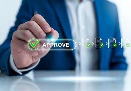 A person in a blue suit uses a stylus to interact with a digital interface showing an approval process with checkmarks on documents.の素材