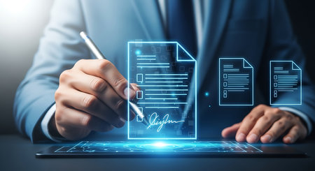 A man in a blue suit signs a glowing digital document with a stylus on a tablet screen.の素材