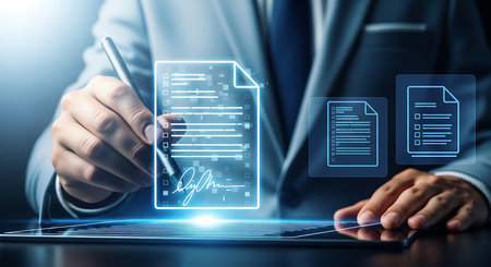 A person in a suit uses a stylus to sign a glowing digital document on a tablet. Blue light emanates from the interface.の素材