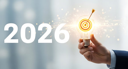A hand in a suit holds a glowing lightbulb containing a target with an arrow hitting the bullseye. The number 2026 is displayed prominently.の素材
