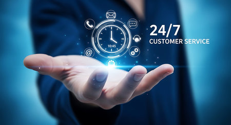 A hand holds a glowing digital clock surrounded by communication and service icons against a dark blue background with light particles.の素材