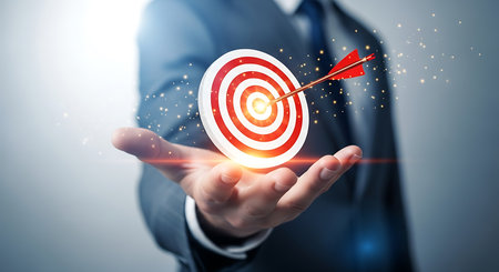 A hand in a dark suit holds a red and white target with an arrow in the bullseye. Glowing gold particles and light effects surround the target.の素材