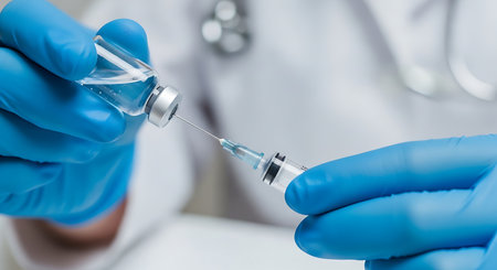 Close up of blue gloved hands holding a glass vial and a syringe, preparing an injection.の素材