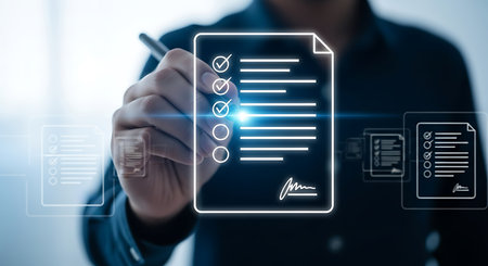 A hand holds a stylus over a glowing digital checklist with several items marked as complete.の素材