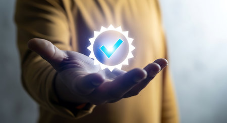 A hand holds a luminous blue checkmark within a starburst badge against a blurred yellow garment and grey background.の素材