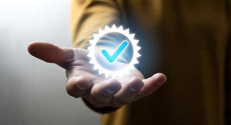 A hand holds a glowing blue checkmark within a starburst badge, with light rays emanating outwards against a dark, softly blurred background.の素材